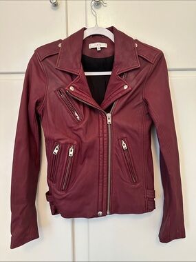 EUC IRO Maroon Red Leather Motorcycle Jacket Silver Trim